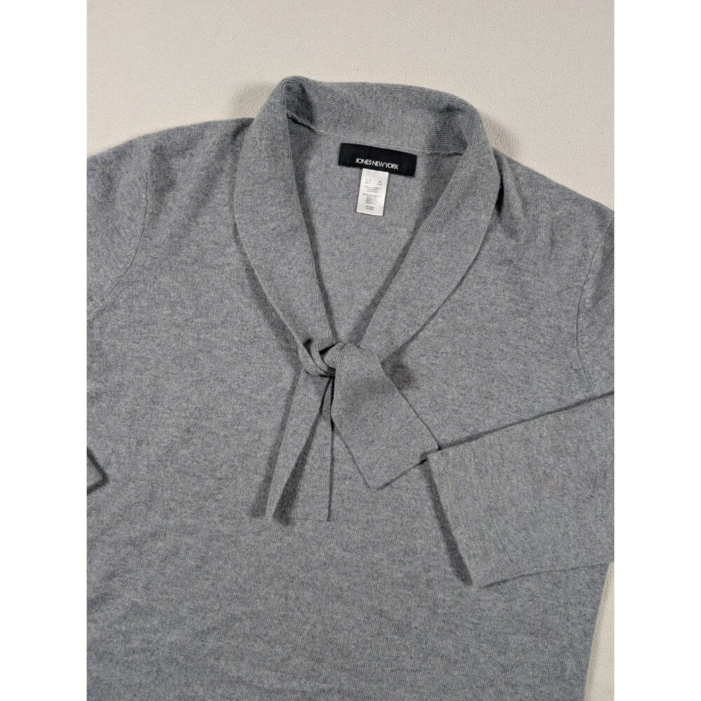 Jones New York 100% Cashmere Tie Neckline Sweater Size XL Gray Bow City Preppy